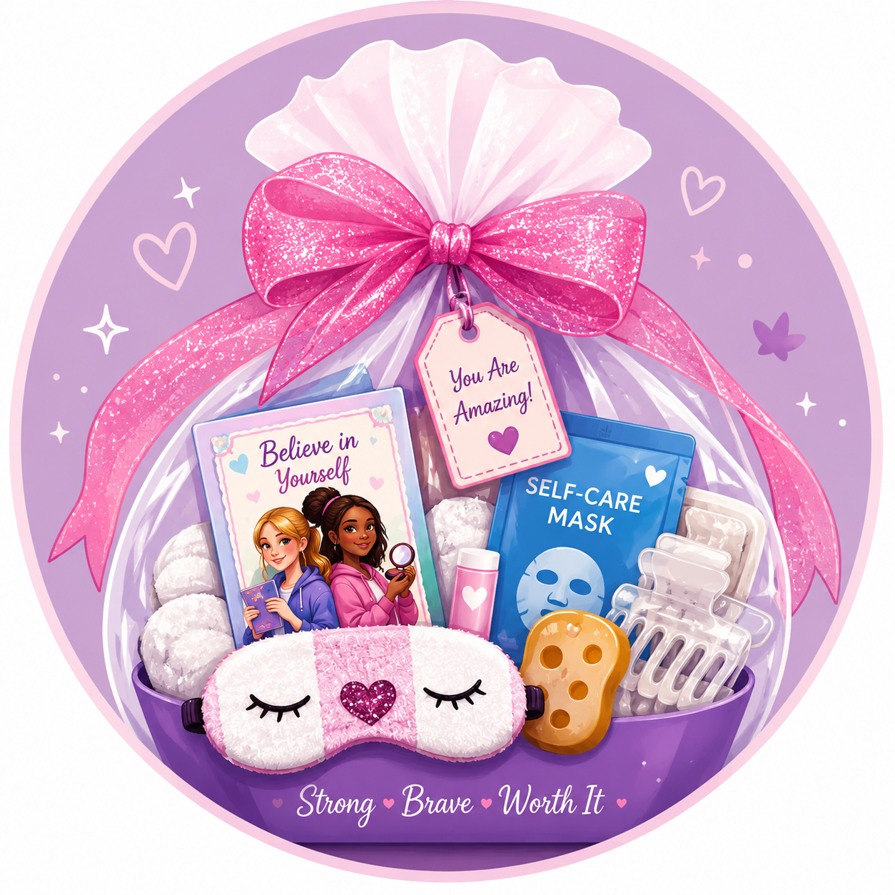 A decorated self-esteem kit basket with a pink bow and a tag reading You Are Amazing, holding a Believe in Yourself notebook, a self-care mask, a sleep mask, and other self-care items, with the words Strong, Brave, Worth It across the front.